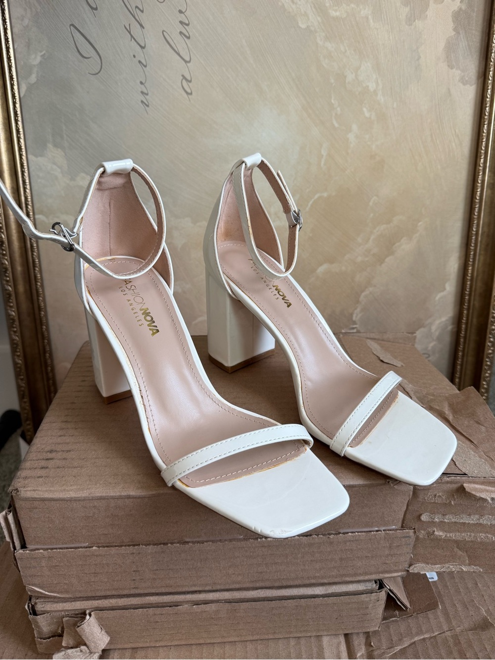 Fashion Nova Ivory Block Heel Ankle-Strap Sandals